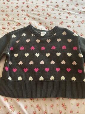 BabyGap Dark Gray Crewneck Sweater with Pink & Cream Heart Pattern